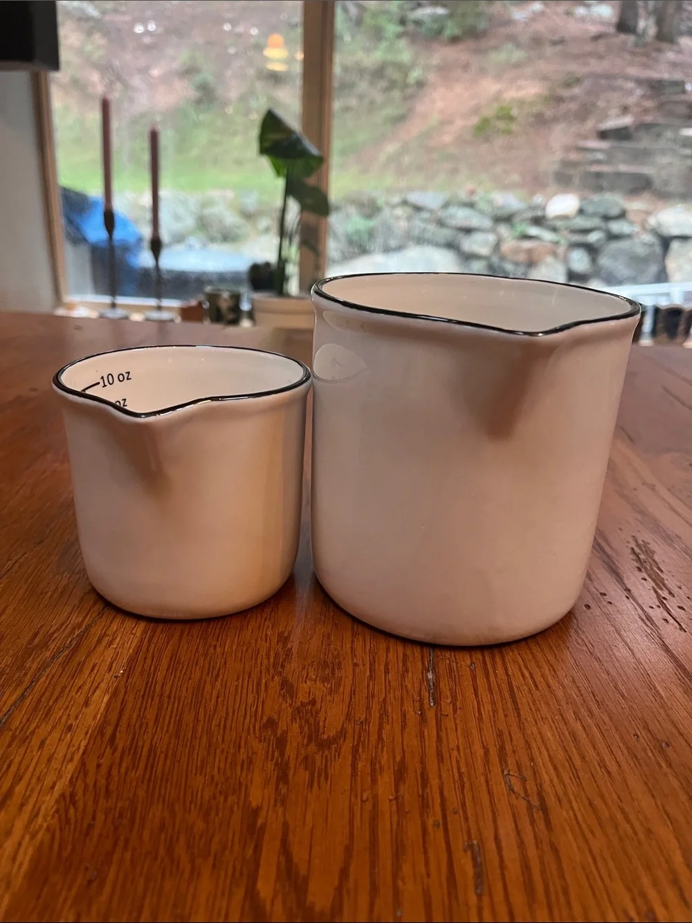 Magnolia White Ceramic Measuring Pitchers with Black Trim